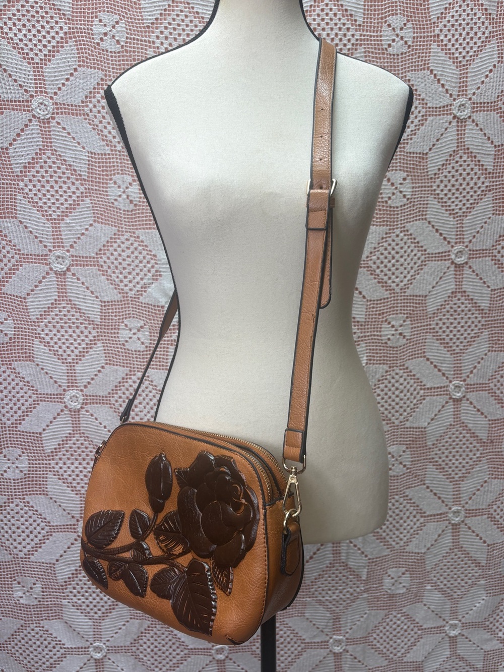 Brown Floral Rose Appliqué Crossbody Bag Boho Y2K